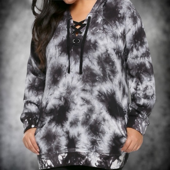 Hot Topic Black & White Tie-Dye Lace-Up Hoodie - Size 1X - Picture 1 of 6